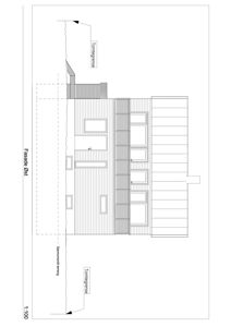 Fasadetegning (opprikk) av bygning sett fra øst, med angivelse av tomtegrenser og fasadegrense.