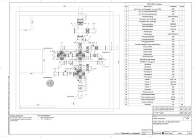 En teknisk detaljtegning som viser en ventilanlegg med dimensjoner og en pos-liste.