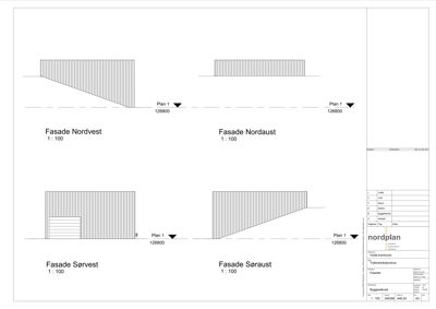 Fasadetegning som viser bygningens utseende fra fire sider (Nordvest, Nordaust, Sørvest, Søraust).