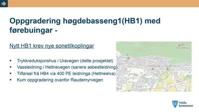 Et kart som viser et geografisk område med bygningsplasseringer og vassleider, sannsynligvis en situasjonsplan eller et kart fra en presentasjon om vannforsyning.