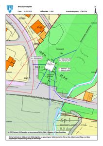Situasjonsplan som viser tomtens plassering i forhold til nabolag, veier og terrengforhold.