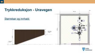 Tegning som viser en trykkreduksjon (en skråning eller trapp) og en planutsnitt av en bygning med innvendig utstyr.