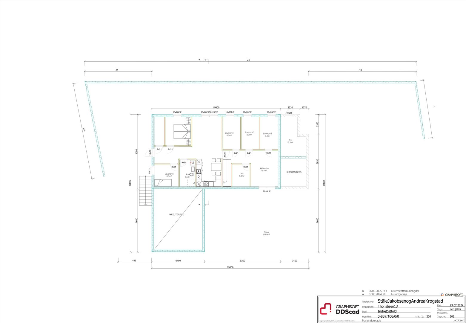 Etasjeplan (1. etasje) som viser romfordeling, vegger og dimensjoner for en bolig.