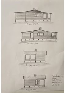 Håndtegnet fasadetegning som viser fire sider av en bygning (Nord, Sør, Vest, Øst).