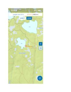 Mobilkartvisning med topografi, vannmasser og en ruteretning.