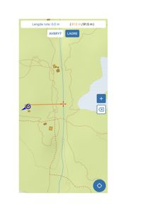 Bildet viser et digitalt kart med topografi, veier og bygninger. Det inneholder også brukergrensesnitt-elementer som knapper for 'AVBRYT' og 'LAGRE', samt en målestokk-indikator.