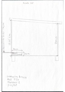 Håndtegnet fasadetegning som viser mål på en tilbygging.