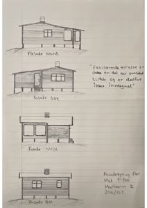 Håndtegnet fasadetegning som viser fire sider av en bygning (Nord, Sør, Vest, Øst) med håndskrevne notater.