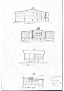 Håndtegning som viser fasadetegninger for en bygning sett fra fire sider (Nord, Sør, Vest, Øst).