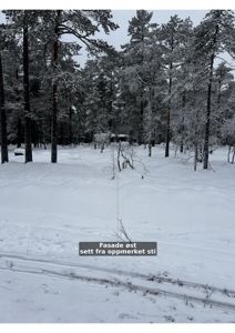 Fotografi av en snødekt skog med en bygning i bakgrunnen, med en tekstmerking som indikerer fasadeorientering.
