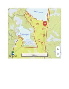 Kart over et område med vannmasser (Marivannet, Gravningen), eiendomsgrenser og en markert plassering.