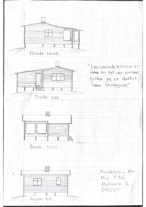 Håndtegnet fasadetegning som viser bygningens utsikt fra fire sider (Nord, Sør, Vest, Øst).