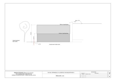 Fasadetegning som viser oppriss av en bygning sett fra nord-vest, med angitte høyder og terrengforhold.