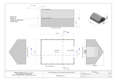 Etasjeplan (lagerhall) med fasadeoppsett og snittlinje A-A.
