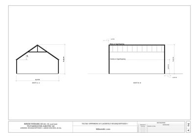 Snittegning (SNITT A-A og SNITT B-B) som viser tverrsnittet av et lagertelt med mål og konstruksjonsdetaljer.