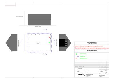 Tegning som viser en teknisk detalj av et brannkonsept, inkludert plassering av utstyr og forutsetninger.