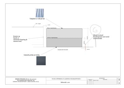 Fasadetegning som viser etasjeplan, høyder, materialer (stål) og avstandskrav til nabobebyggning.