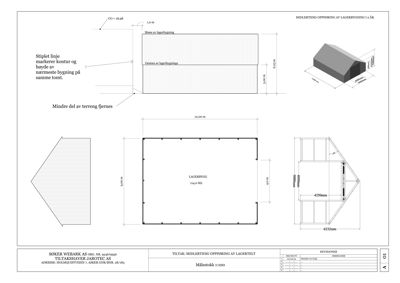 Tegning som viser etasjeplan (plan) for en lagerbygning med angitte mål og romfordeling.