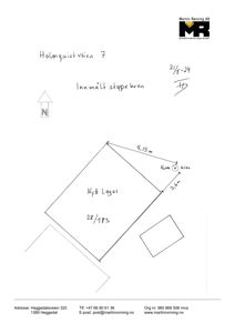 Situasjonsplan som viser plassering av et nytt lager (28/183) i forhold til en eksisterende stoppekran på Holmquistveien 7, med angitte mål.