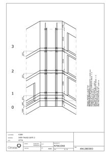 En teknisk detaljtegning som viser en snittgjenstand av en heis eller løftemaskin, med spesifikke mål for rekkverk og konstruksjon.