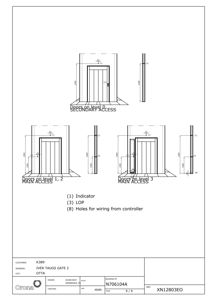 Tegning som viser detaljerte oppriss av dører og tilhørende innredning (indikatorer, ledninger) for hovedinngangene på nivå 1, 2 og 3.