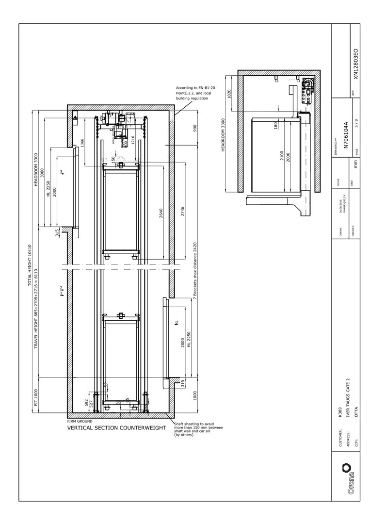 En vertikal snittegning (vertical section) som viser detaljer om en heisvekt (counterweight) og heisveggens konstruksjon.