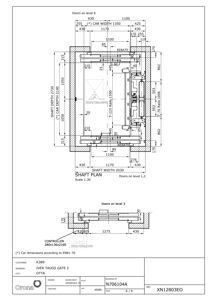 Detaljtegning av en heissjakt (SHAFT PLAN) med dimensjoner for heis, dører og konstruksjon.