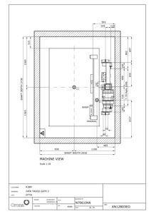 En teknisk tegning som viser en detaljert maskinoppsett (MACHINE VIEW) med dimensjoner og komponenter.