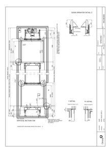 Tegning som viser et vertikalt snitt (vertical section) av en bilopphever med detaljer for dører og konstruksjon.