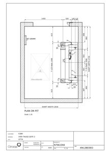 En teknisk detaljtegning (plan) som viser en utskjæring i gulv (pit) med spesifikke dimensjoner, armering og konstruksjonsdetaljer.