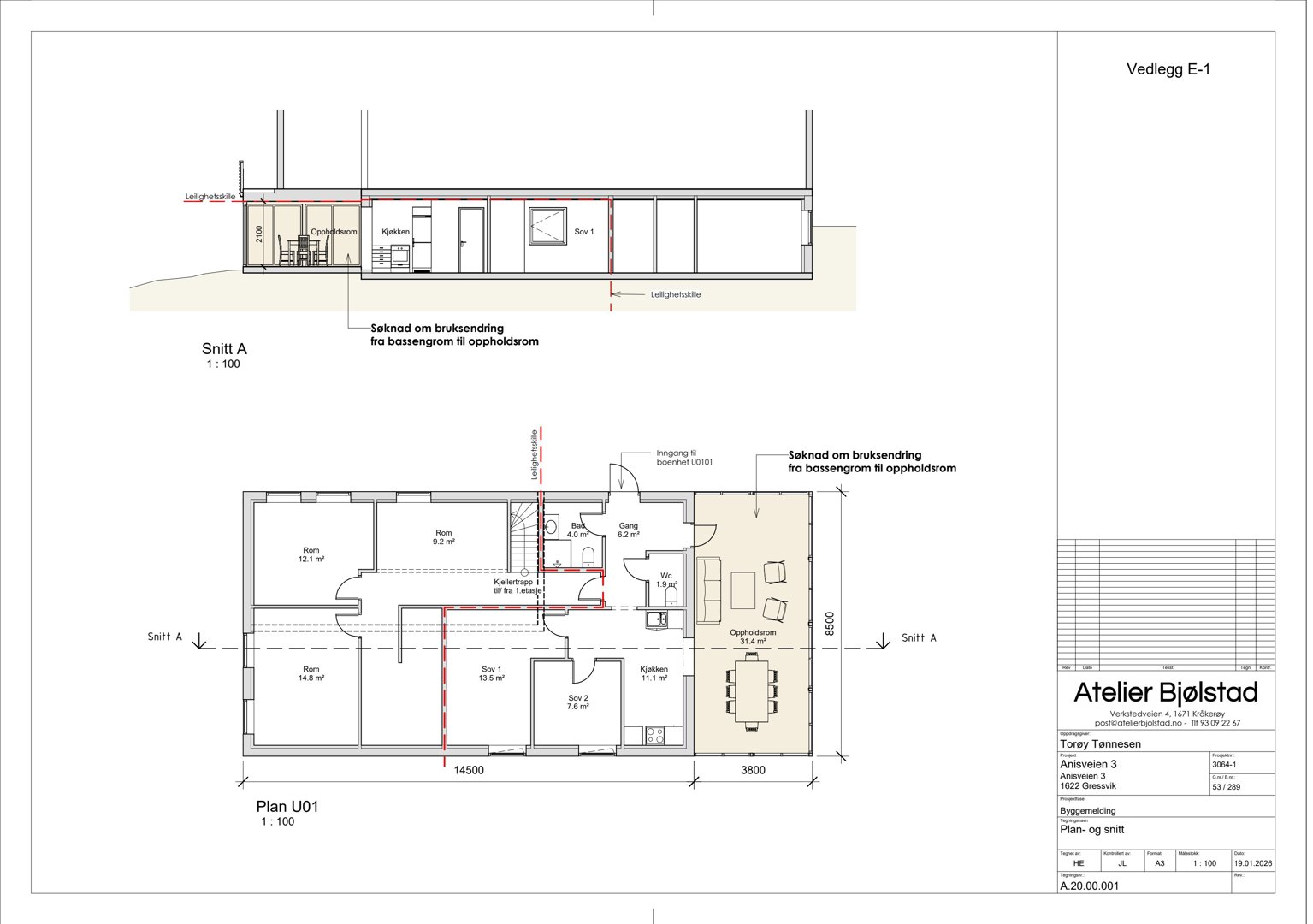 Etasjeplan (Plan U01) med romfordeling, dimensjoner og snittlinjer, samt en tilhørende snittegning (Snitt A).