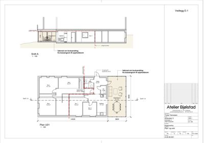 Etasjeplan (Plan U01) med romfordeling, dimensjoner og snittlinjer, samt en tilhørende snittegning (Snitt A).