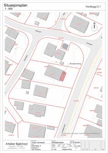 Situasjonsplan som viser tomtens grenser, nabolag, veier og bruksendring.