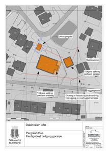 Situasjonsplan som viser bygningenes plassering i forhold til naboeiendommer, byggegrenser og tidligere søkte arealer.