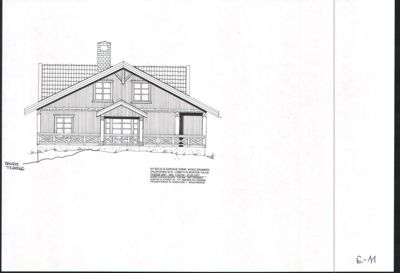 Fasadetegning av et hus sett fra fronten, med detaljer om tak, vinduer og veranda.