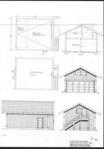 Bildet viser en samling tegninger for en garasje, inkludert etasjeplan (GARASJÉ PLAN), snitt (SNITT) og fasadevisninger.