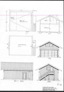 Bildet viser en samling tegninger for en garasje, inkludert etasjeplan (GARASJE PLAN, HEMS/BOD 445 PLAN), snitt (SNITT), og fasadeutsnitt (SYB, KJORD).