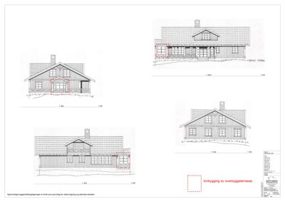Bildet viser fasadetekninger av en hytte sett fra flere vinkler (N, S, V, E).