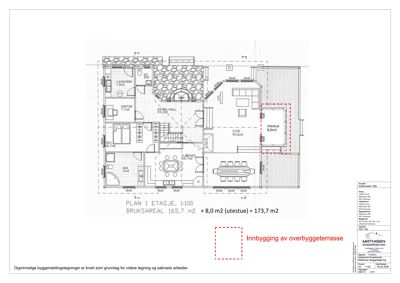 Etasjeplan (PLAN 1 ETASJE) som viser romfordeling, bruksareal og innbygging av overbyggeterrasse.