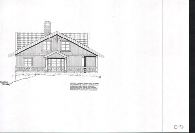 Fasadetegning av en hytte med tak, vinduer, dører og en veranda.