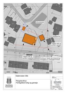 Situasjonsplan som viser bygningenes plassering på tomten, byggegrenser, og endringer i forhold til tidligere søk.
