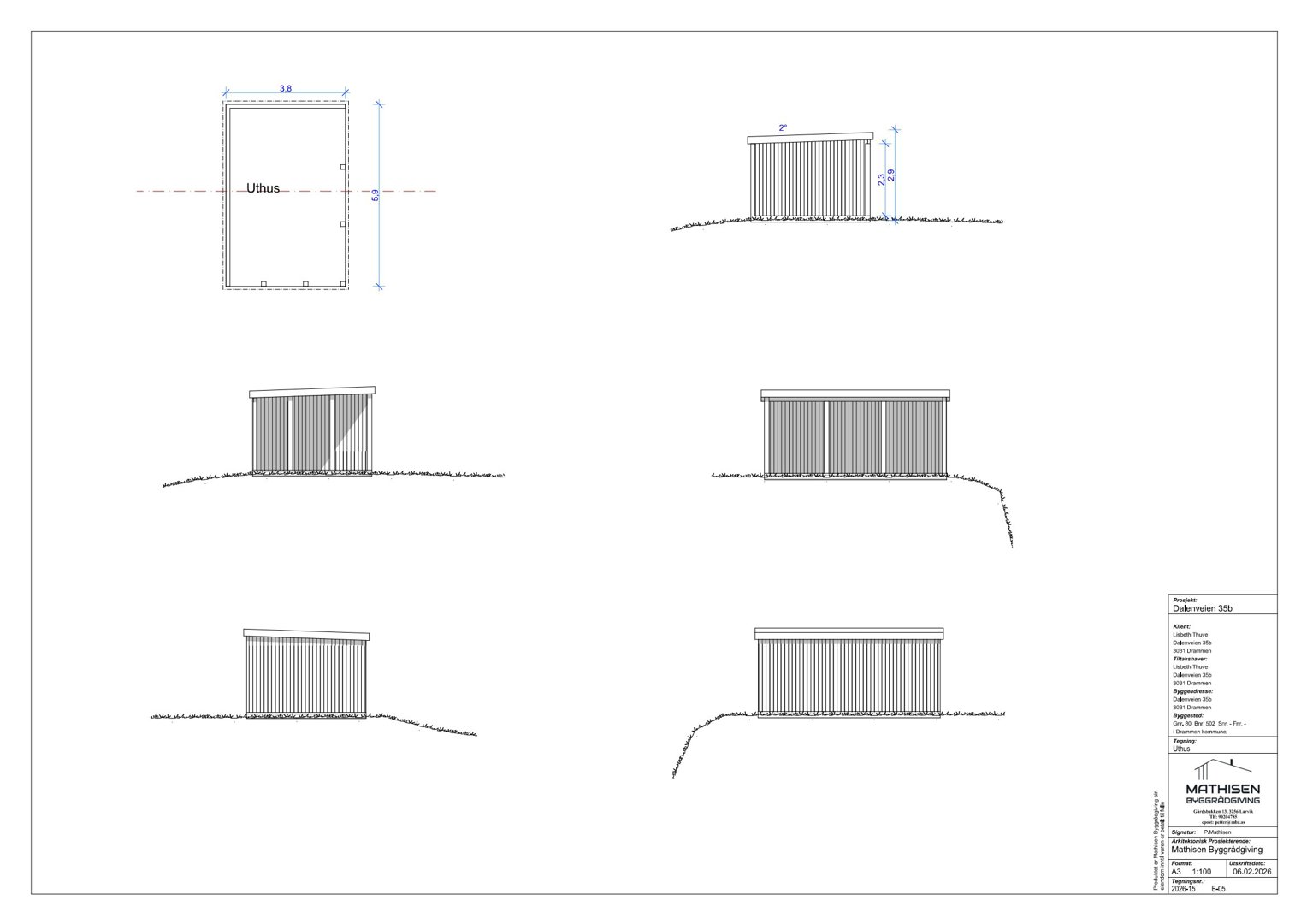 Fasadetegning som viser utsiden av en bygning (Uthus) med mål og detaljer.