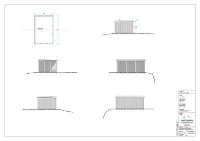 Fasadetegning som viser utsiden av en bygning (Uthus) med mål og detaljer.