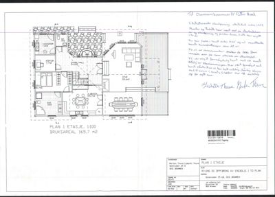Etasjeplan (1. etasje) med romfordeling, mål og arealoppsett.