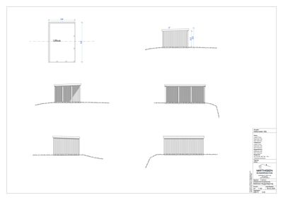 Fasadetegning som viser utsiden av en bygning sett fra flere vinkler, med mål og detaljer.