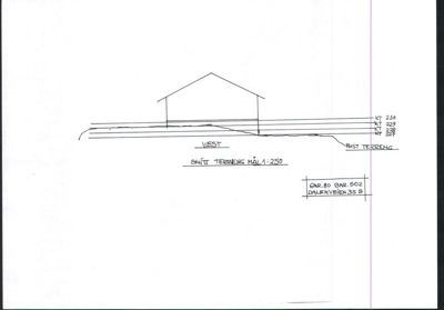 Snittegning som viser bygningens høyde i forhold til terrenget (vestsiden).