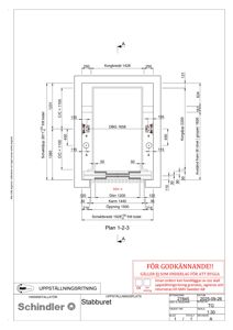 En oppstillingsritning (monteringsplan) for en Schindler heis, som viser detaljerte mål og plassering av heiskassen i forhold til omgivelsene.