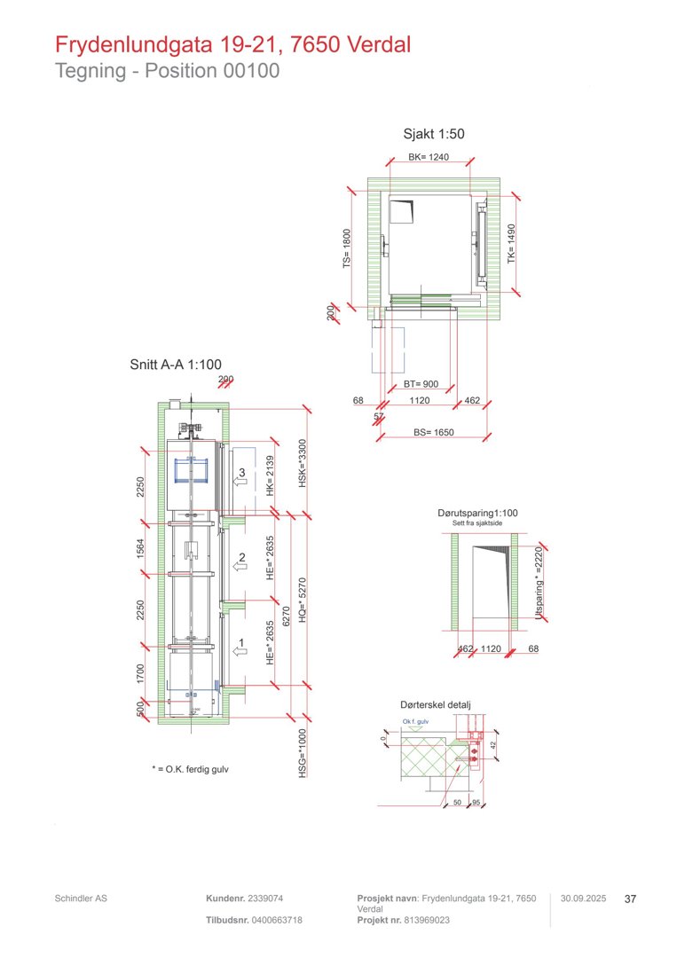 Snittegning (Snitt A-A) som viser bygningens tverrsnitt, inkludert etasjehøyder, dører og vinduer.