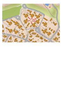 Situasjonsplan som viser bygningenes plassering i forhold til veier og terreng, med fokus på en sentral bygning (nr. 2) og en rød pil som indikerer en retning eller relasjon til nabobygninger.