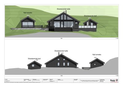 Fasadetegning som viser bygningens utseende fra øst og vest med høydemål.
